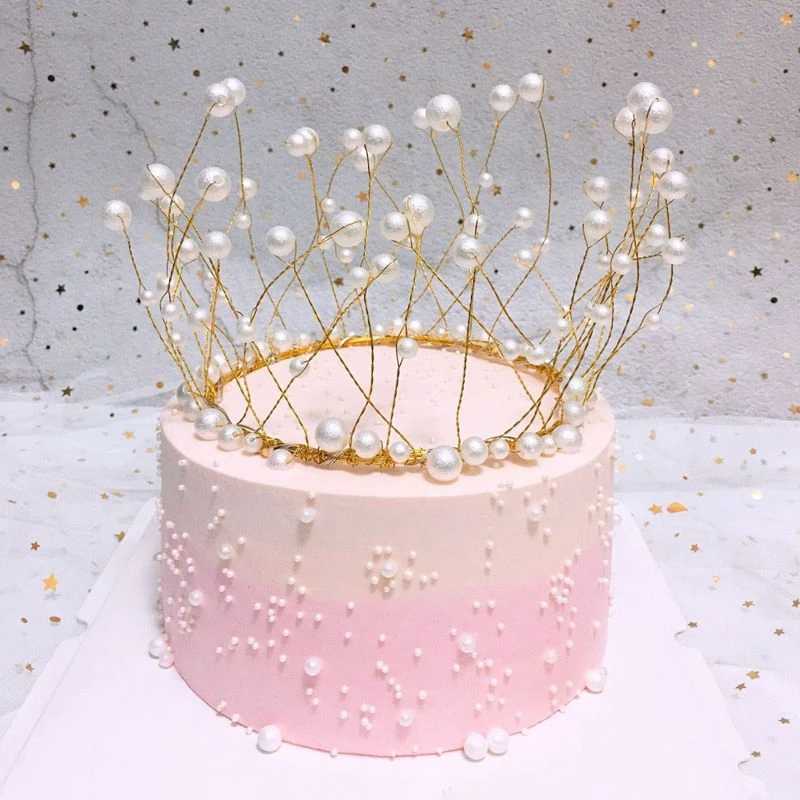 

1pc Artificial Pearl Princess Crown Cake Topper Headdress Wedding&Engagement Birthday Baby Shower Party cake Decor Supplies