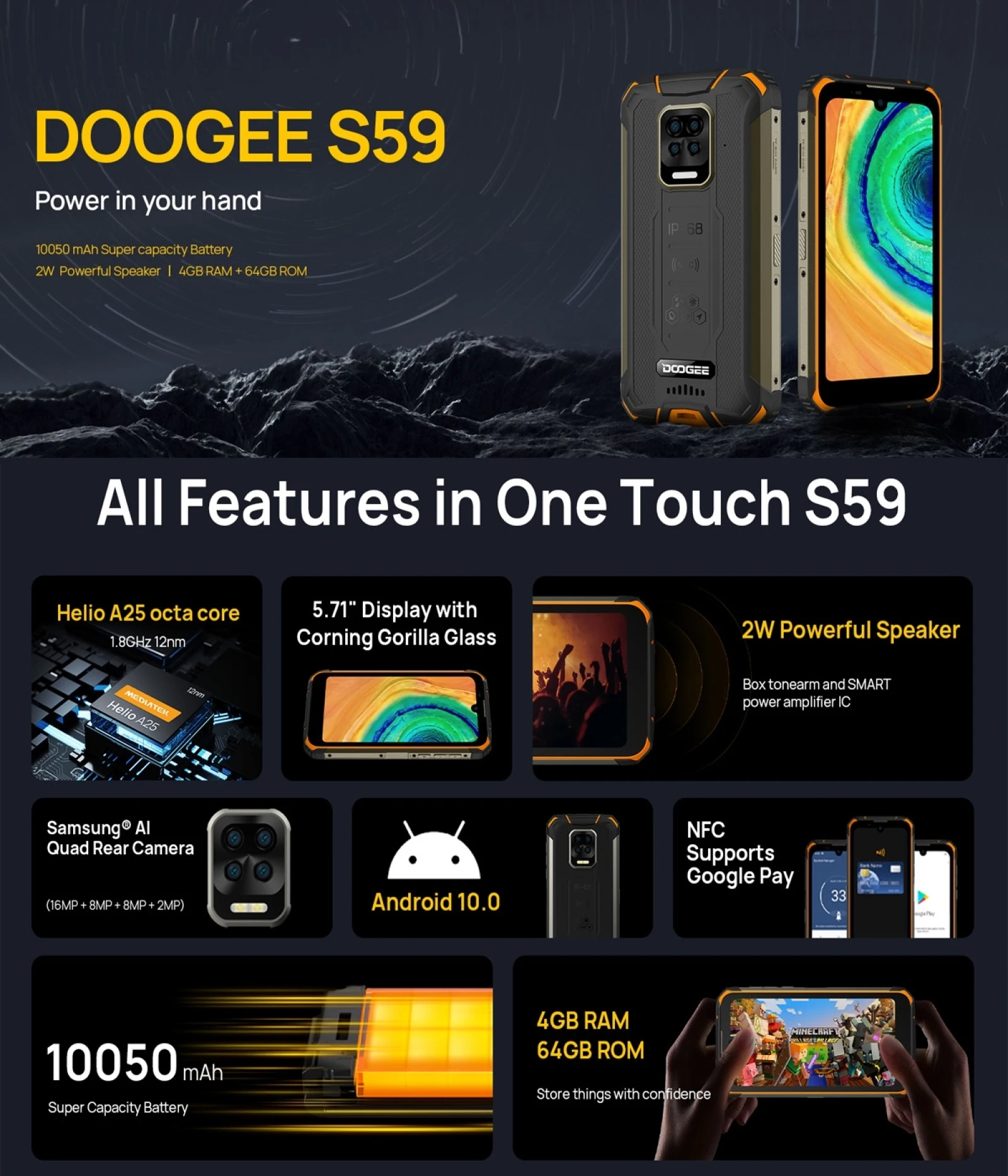 DOOGEE S59 IP68 прочный телефон Android 10 Helio A25 Восьмиядерный 4 Гб Оперативная память 64