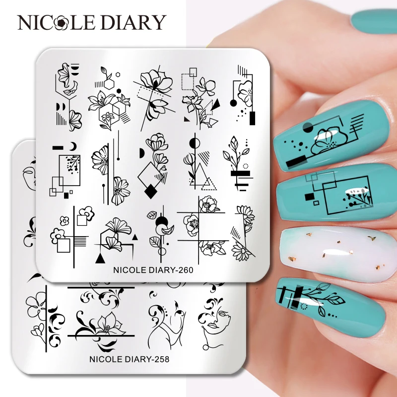 

NICOLE DIARY Geometric Stripe Flower Nail Stamping Plates Abstract Face Line Image Printing Stencil Manicuring Stamp Templates