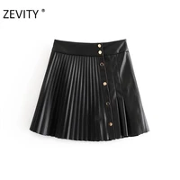 zevity women vintage high waist pu leather pleated mini skirt faldas mujer ladies front buttons casual brand chic skirts qun689