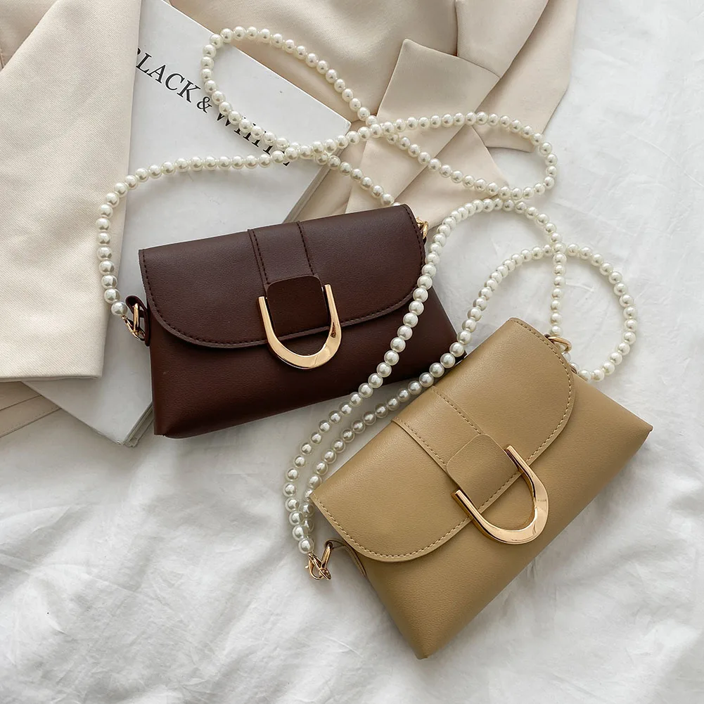 

2021 Women Crossbody Shoulder Bag Pearl Solid Color Casual Ladies Chain Small Purse Women's Fashion Flap Handbags