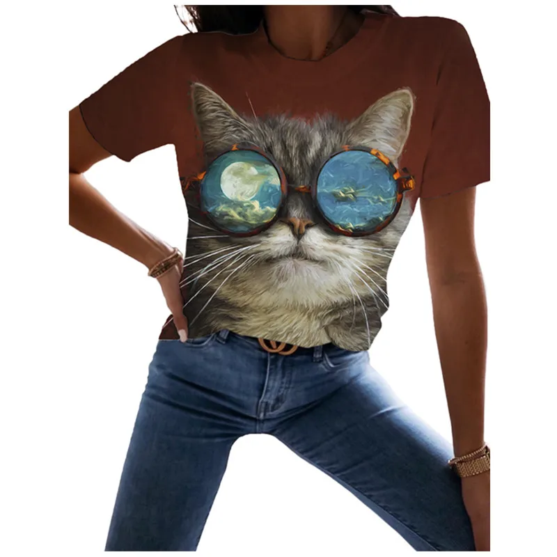 

2022 New Trends Ladies Fashion Top Summer Women Glasses Cat Print T Shirt Casual Short Sleeve O-Neck Sweet Female Cotton Tshirts