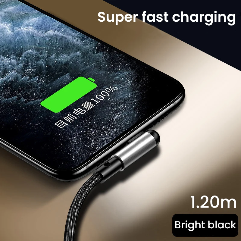 3A 90 Degree Fast Charging USB Cable For iPhone 13 12 11 Pro Max XS XR X 8 7 6 6S L-shape Nylon USB Wire Cord Alloy Phone Cable