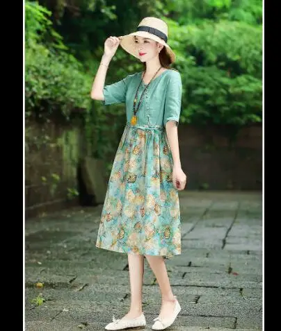 

1 шт./лот женское модное летнее хлопковое льняное лоскутное платье в Корейском стиле женское винтажное платье с цветочным принтом