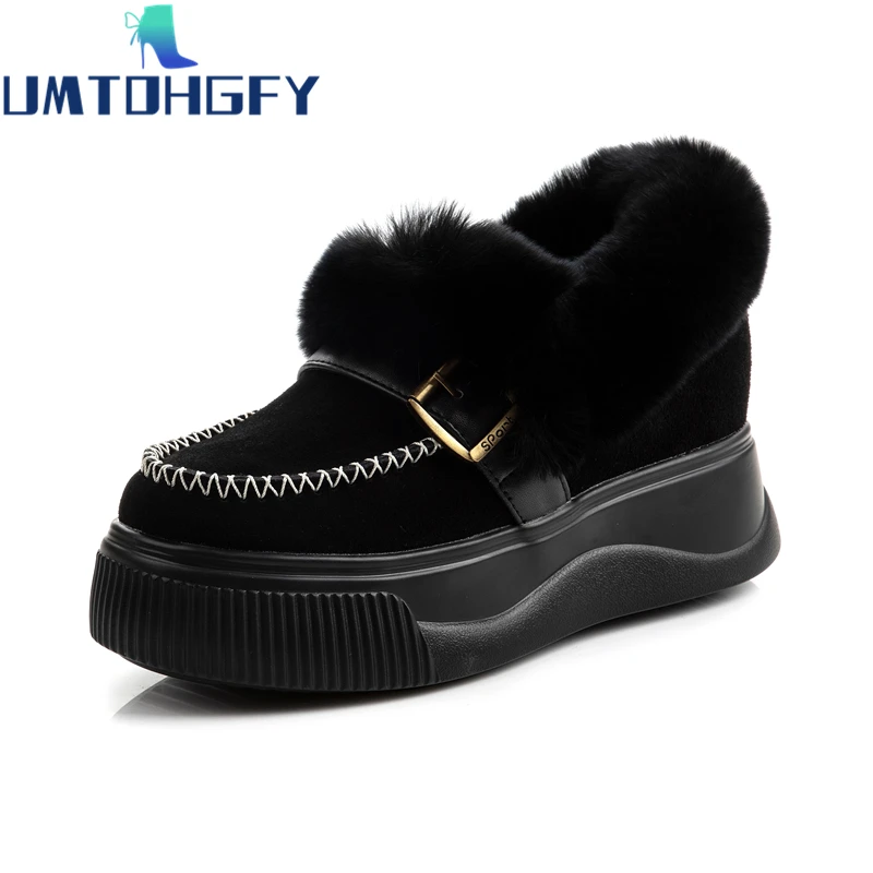 

2022 Europe America Popular Winter 6.5CM Heightening Women's Snow Boots Thick-Soled Black Cow Suede Wool Warm Non-slip Metal