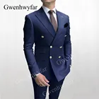 Мужской костюм Gwenhwyfar, блейзер и брюки с золотыми пуговицами, темно-синий двубортный костюм с лацканами