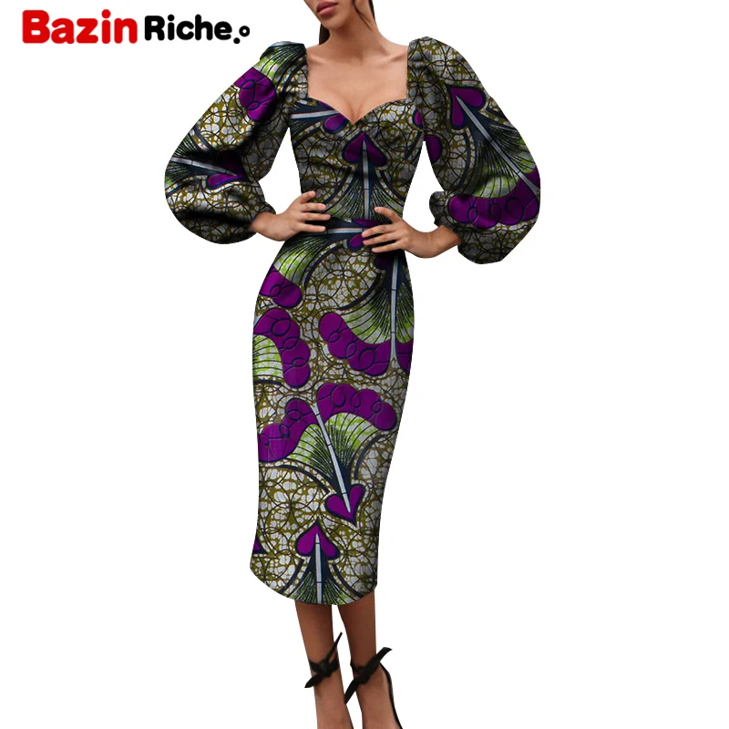 

Spring Fall African Dress Bodycon Elegant Lady V Neck Off Shoulder Midi Clothing Club Party Night Vintage Skirt WY8826