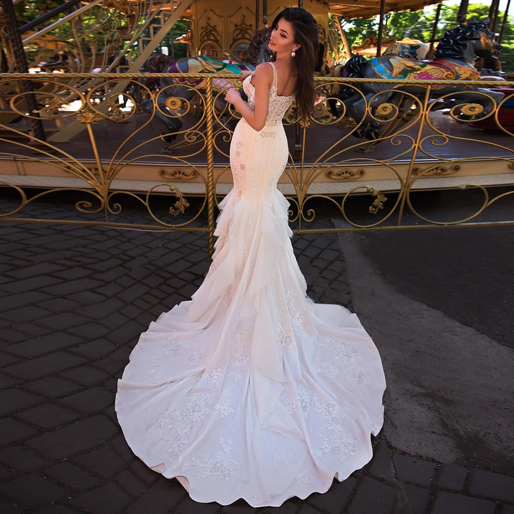 

Sexy Sweetheart Sleeveless Wedding Dress 2021 Vestido De Noiva See-through Lace Mermaid Bridal Gown with Long Train