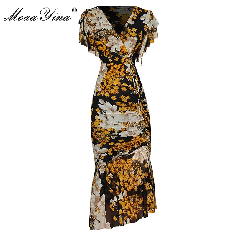 

MoaaYina Fashion Designer Summer Party Mermaid dress Women's V-neck Ruffles High waist Elasticity Slim Sexy Mesh Midi Dress