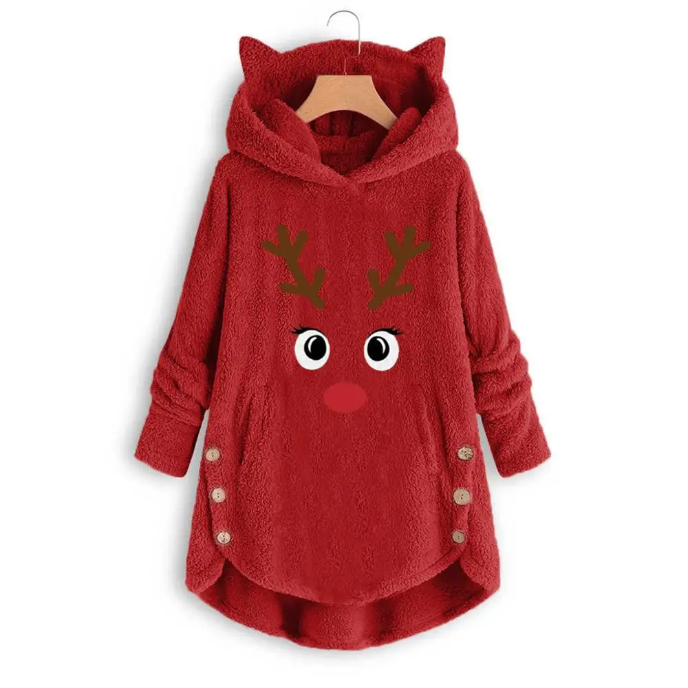 2019 Fashion Women Printed Cat Ears Hooded Large Size Long Sleeve Button Sweater Warm Pullover Christmas Casual Tops Sweaters | Женская