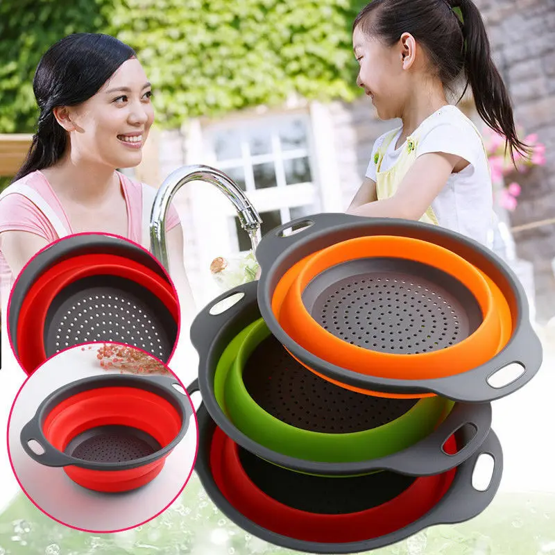 

New Design Kitchen Home Drain Basket Collapsible Silicone Colander Strainer Foldable Fruit Vegetable Washing Basin 3 Colors