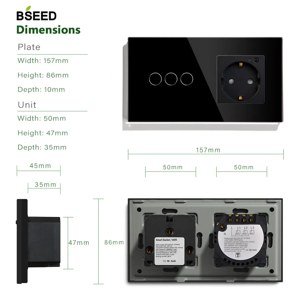 BSEED 16A Wifi сенсорный выключатель 3 банды Wifi стандарт ЕС розетка с белым черным золотым кристаллом стеклянная панель умный переключатель