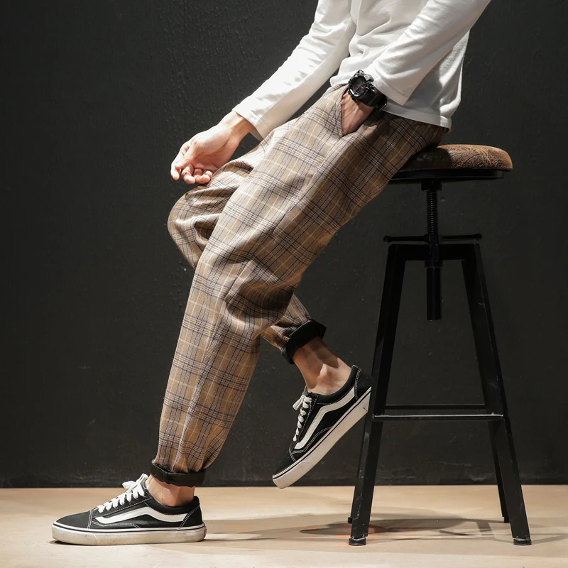 

Dropshipping Japanese Streerwear Men Plaid Pants 2020 Autumn Fashion Slim Man Casual Trousers Korean Male Harem Pants