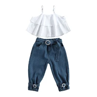 toddler girls sweet summer clothes sets spaghetti straps layered ruffle tank tops and denim long pants with belt