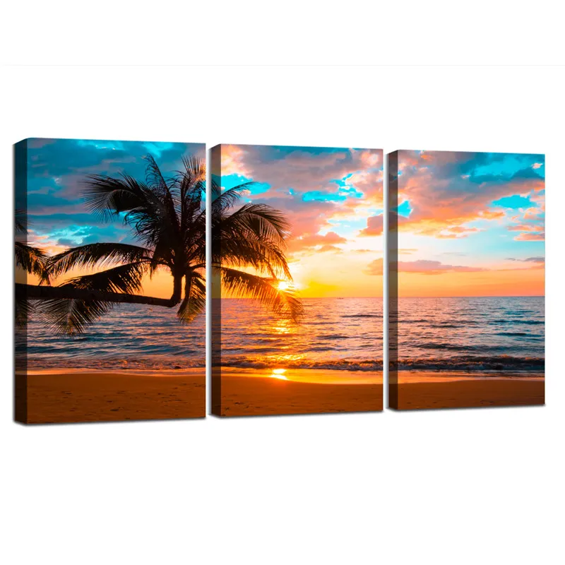 

Sunset Landscape Wall Art Picture Framed Canvas Painting Decor 3 Pieces Travel Beach Print Poster for Living Room Ready To Hang