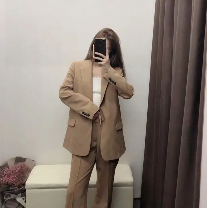 Новинка 2019 Осенний Блейзер на одной пуговице цвета хаки с высокой талией