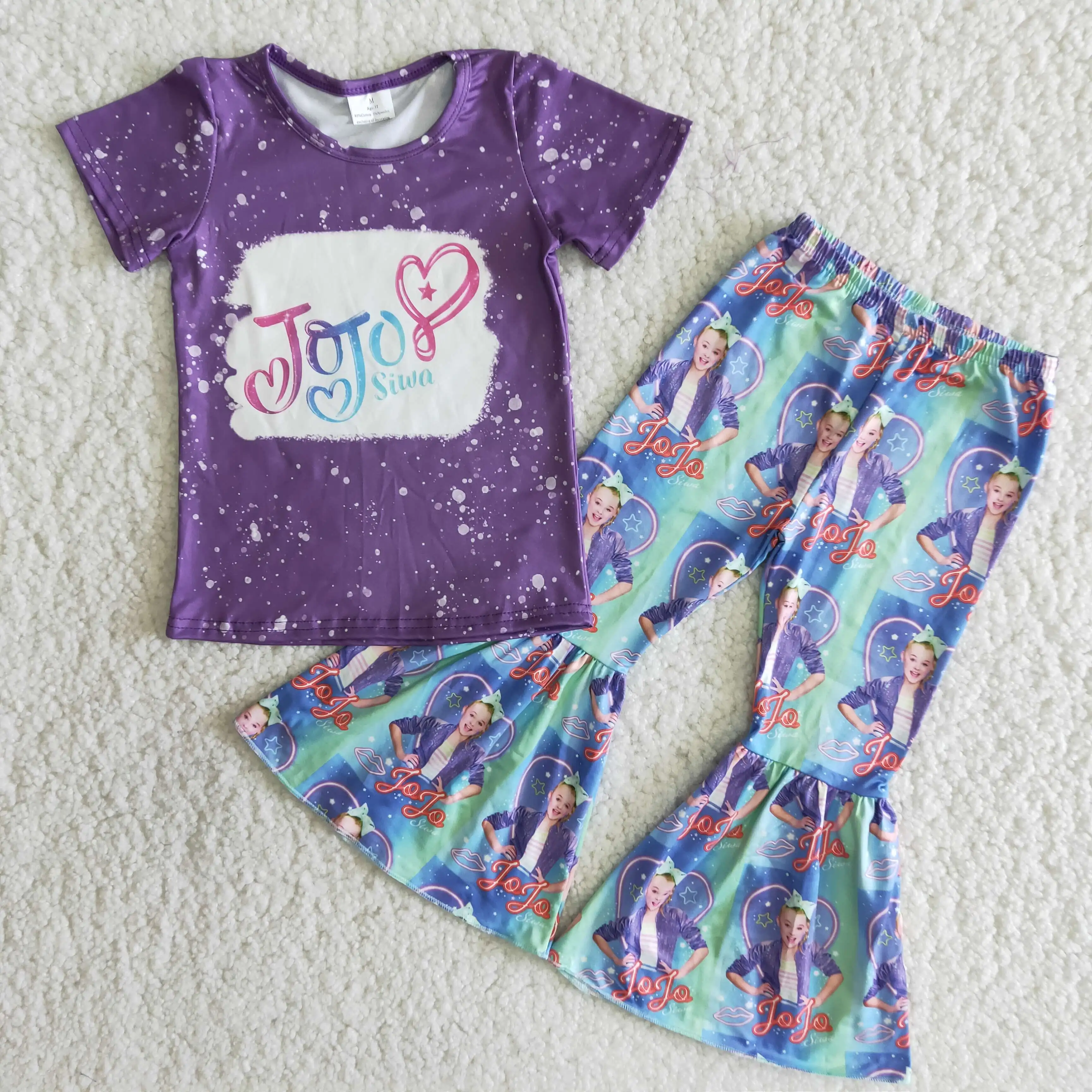 

Purple Short-sleeved Top And Human Portrait Printed Flared Pants Kids Designers Clothes Summer