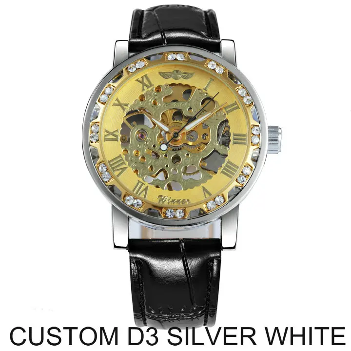 D3 SILVER WHITE WINNER официальный бренд роскошные часы мужские Скелет механические часы Кристалл Iced Out Кожаный ремешок наручные часы подарок для влюбленных - Цвет: D3 SILVER WHITE