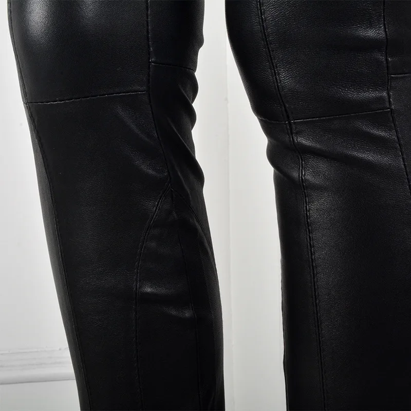 

Europe Fashion Autumn 2020 Genuine Leather Female Trousers Elastic Waist Skinny Full Length Pants Motorcycle Comfort Pantalon