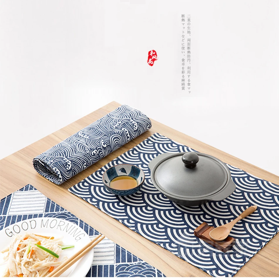 4 шт. прочный тканевый коврик для стола темно-синяя подстилка в японском стиле