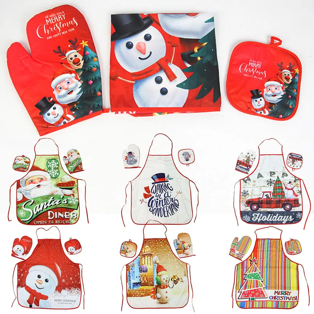 

3Pcs/set Merry Christmas Santa Cooking Apron With Oven Glovean&Mat For Kitchen Christmas Home Furnishing Fabric Apron
