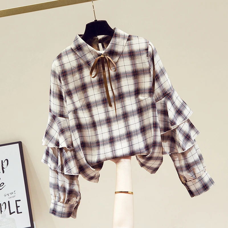 

VANOVICH Korean Japan Style Doll Collar Ruffled Slimming Shirt for Fall 2021 Long Sleeve Peter Pan Collar Plaid Blouse Women