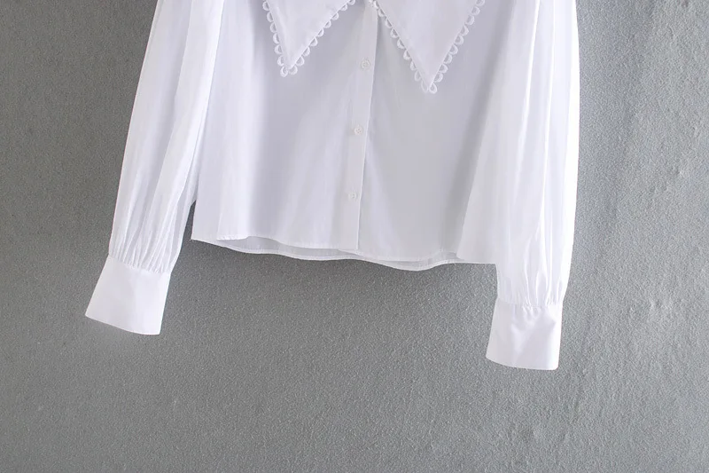 

Women Sweet Peter Pan Collar Lace Stitching Casual Poplin Blouse Shirts Women Puff Sleeve White Chemise Chic Tops