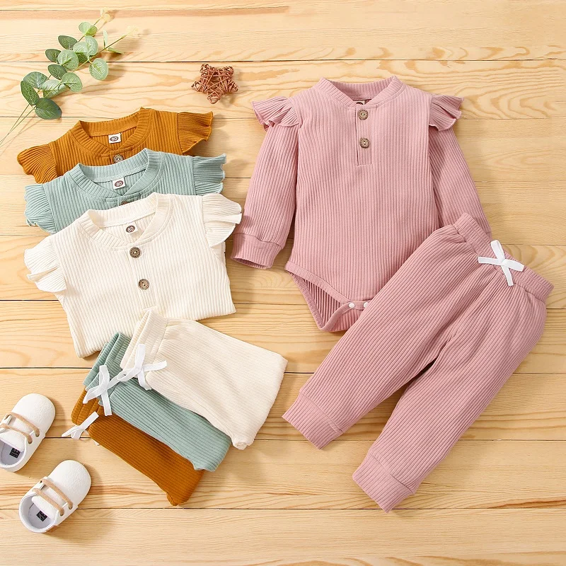 

0-24M Newborn Baby Boy Girl Solid Color Long Sleeve Cotton Bodysuit Tops Long Pant Trouser 2PCS Outfits Autumn Clothes