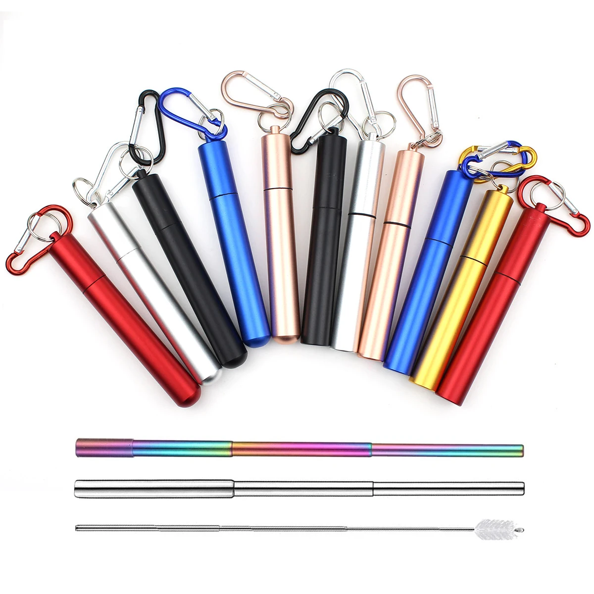 

5PCS Creative Portable Reusable Customized Stainless Steel Metal Telescopic Collapsible Straw with Brush Opener Key Buckle Box