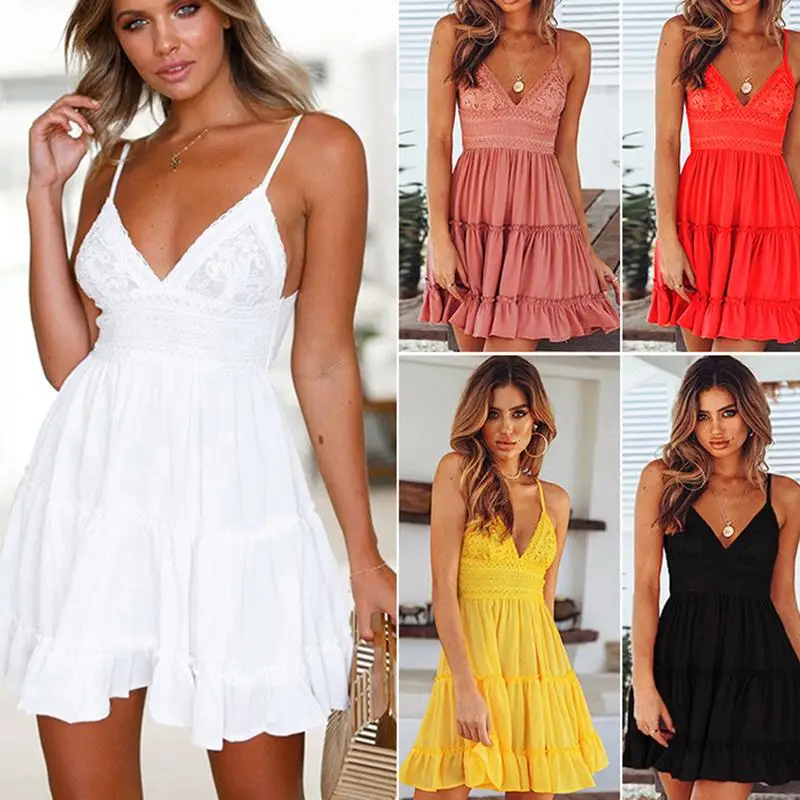 

2020 Summer Fashion Women Dress Solid Strap Sleeveless Dackless Lace V Neck A-line Ruffles Sexy Club Female Sundress Plus Size