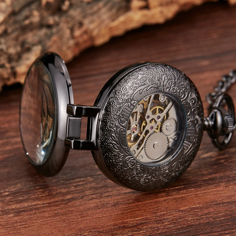 Gorben Transparent Cover Automatic Mechanical Pocket Watch Men Retro Casual Skeleton Dial Silver Hand Wind Fob Chain Watches