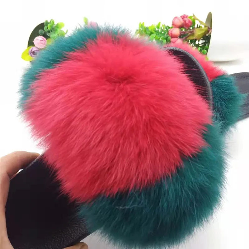 Женские зимние пушистые тапочки женские натуральным лисьим мехом Шлепанцы без