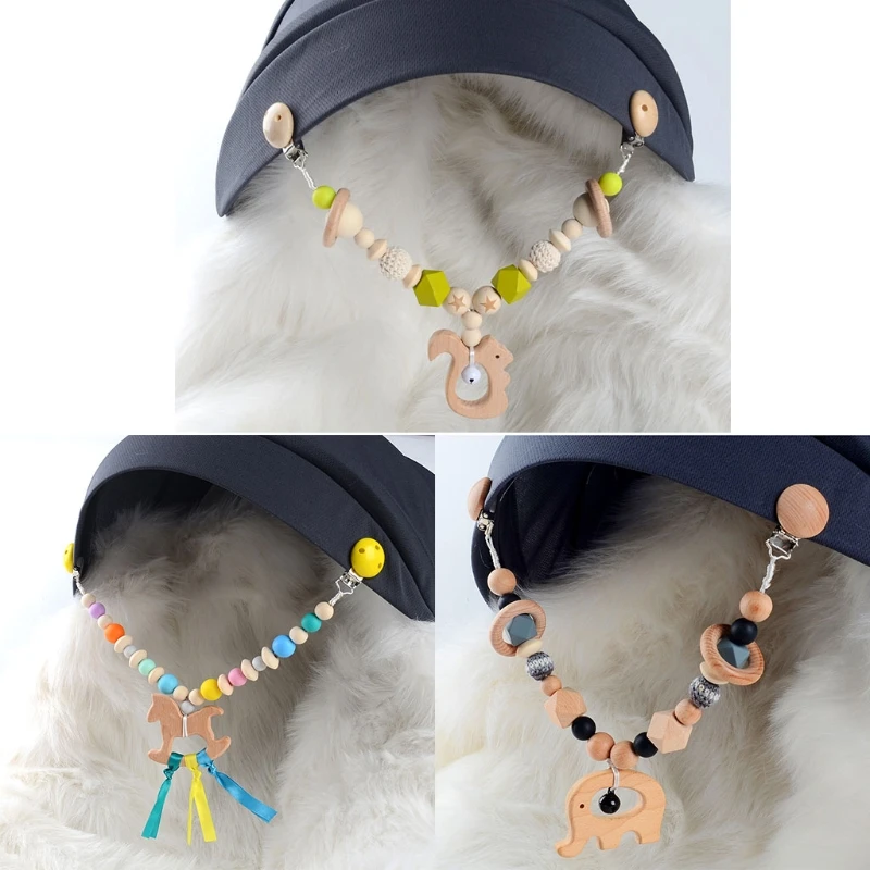 

Baby Teether Stroller Pendant Pacifier Chain Rattle Pram Clip Crochet Beads Wooden Animal Pendant Infants Nursing Teething Chewi