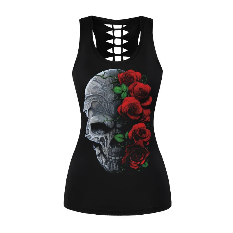 

Summer Casual 3D Printing Hole Sleeveless Black Tanks Women Sexy Backless Skull Rose Hollow Out Tops