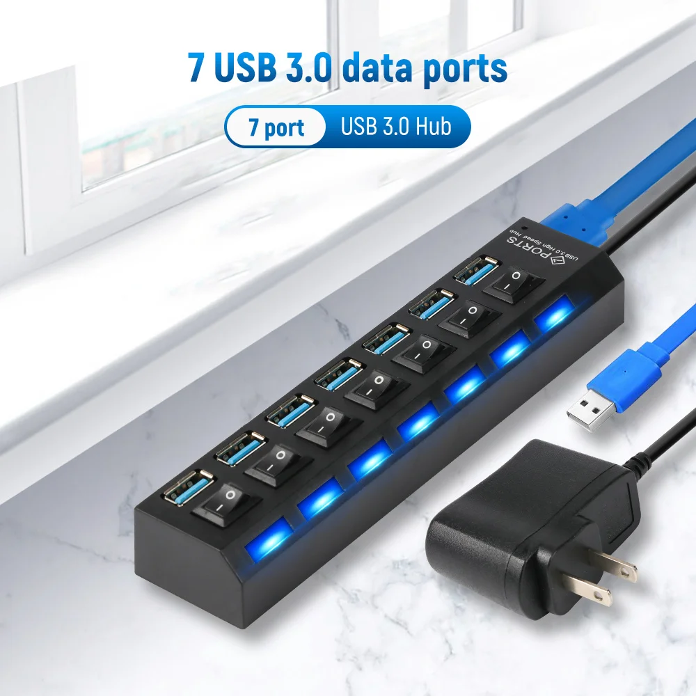 

High 7-port Ports USB 3.0 HUB Multi Charger With Power With Power On/Off Switch High Speed Adapter Cable Splitter For PC Laptop