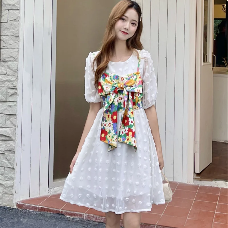 

Plus size women's fashion young girl sweet French waist bow dress club dress vintage Cotton Bow O-Neck Summer