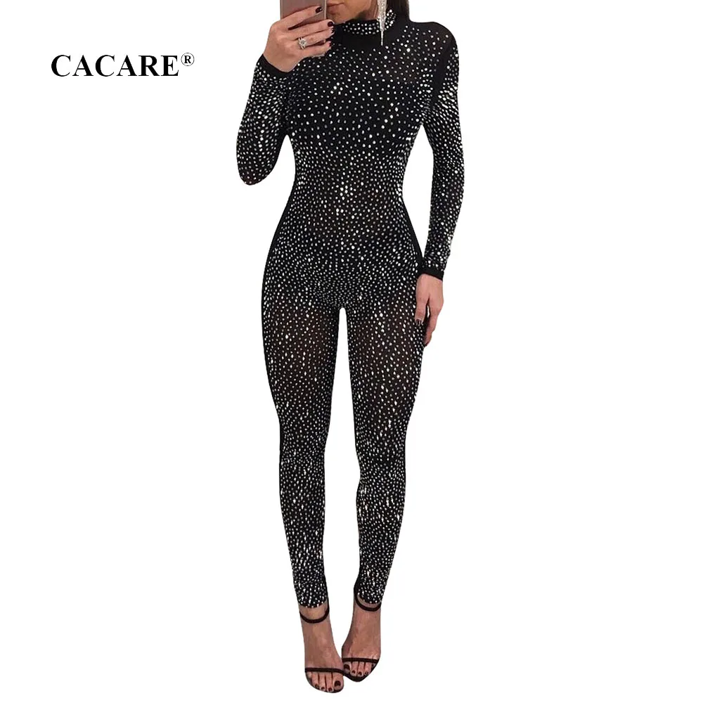 SALE Black Jumpsuit Women Summer See Through Turtleneck Bodysuit Lace Mesh Bodies Ladies Oneies F0435 Rhinestones Long Sleeve