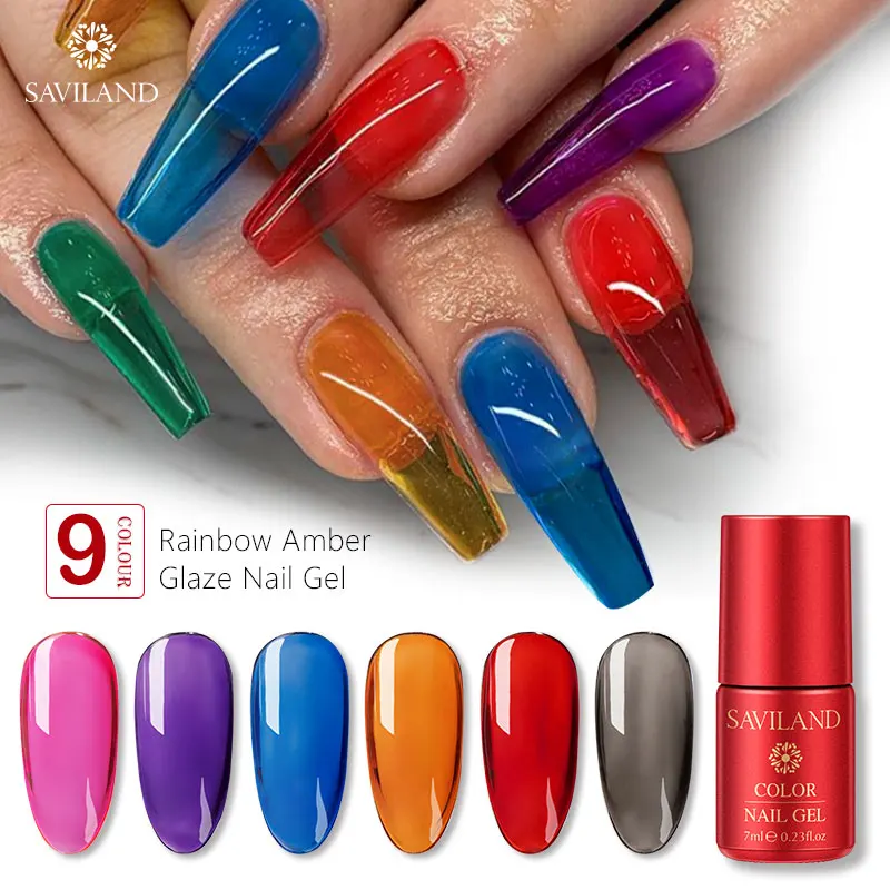Желе лак для ногтей SAVILAND желе со стеклянными конфетами Радужный Янтарный Гель