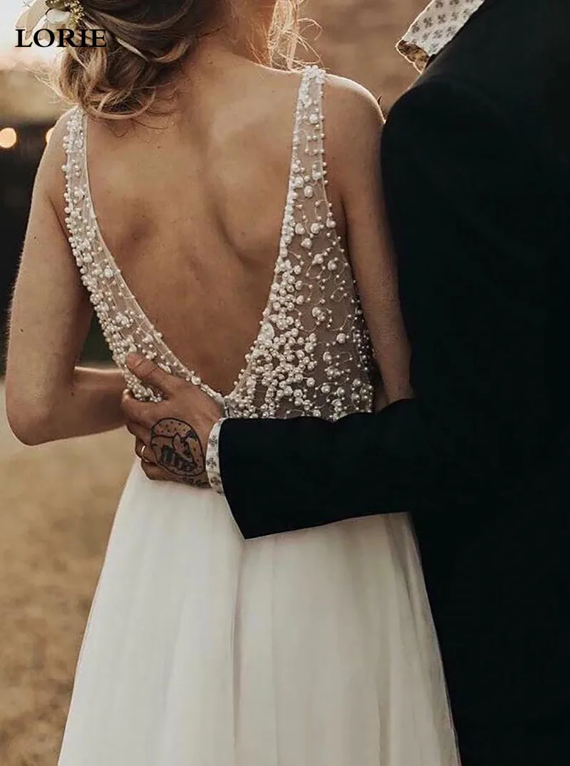 Свадебное платье LORIE а-силуэта в стиле бохо с жемчугом невесты 2020 длинное