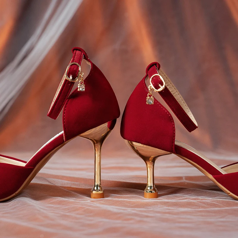 

Rimocy Elegant Pearl Buckle Wedding Shoes Women Red Sexy Pointed Toe Stiletto Heels Pumps Women Crystal Ankle Strap Pumps Ladies