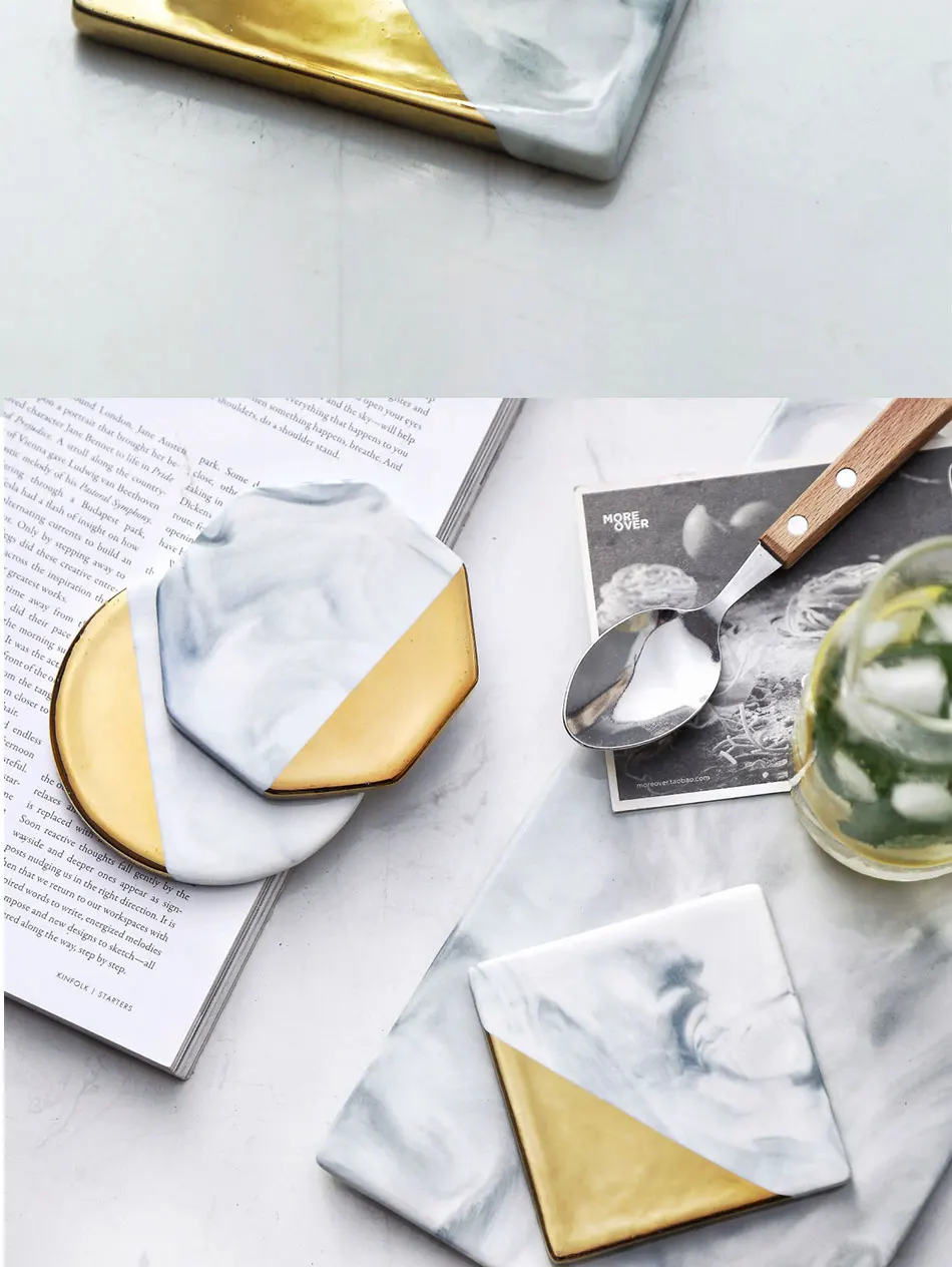 Роскошная мраморная керамическая подставка с золотым покрытием, геометрический Коврик для чашки, водонепроницаемые термоизолированные подушечки, ювелирный поднос, украшение для домашнего рабочего стола