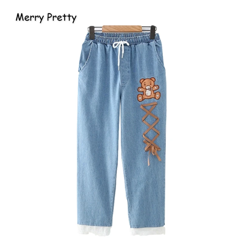 

Merry Pretty Women Jeans Pants Cartoon Bear Embroidery Lace Up Denim Pants Elastic Waist Straight Pockets Jean Pants Mom Jeans
