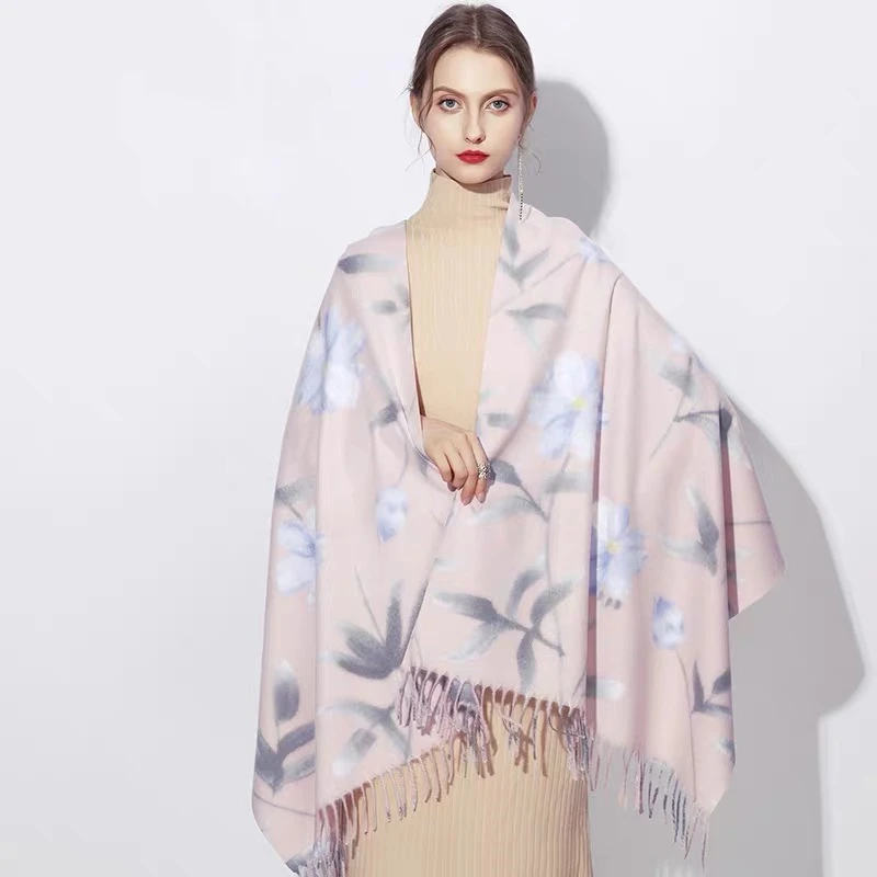 Модные кашемировые женские шарфы с цветочным принтом и кисточками из пашмины