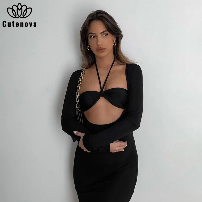 

Cutenove Casual Bodycon Dresses For Women's 2021 Summer Clothing Hollow Out Solid Color Halter Mixi Dress Female Streetwears