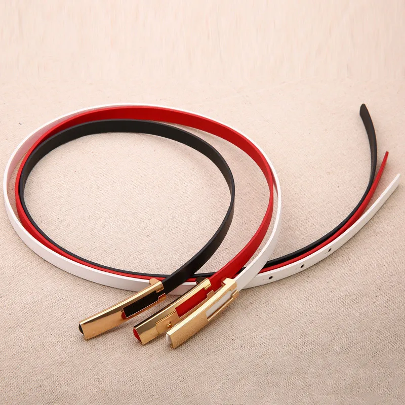 Ремень тонкий женский с металлической пряжкой модный натуральный кожаный пояс