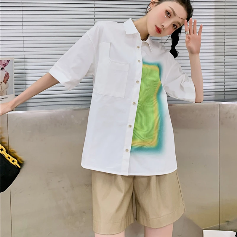 

Women Summer Short Sleeve Shirt Top 2021 New Style French Vintage Design Printing Lapel Button Loose Casual Female Blouse Or Top