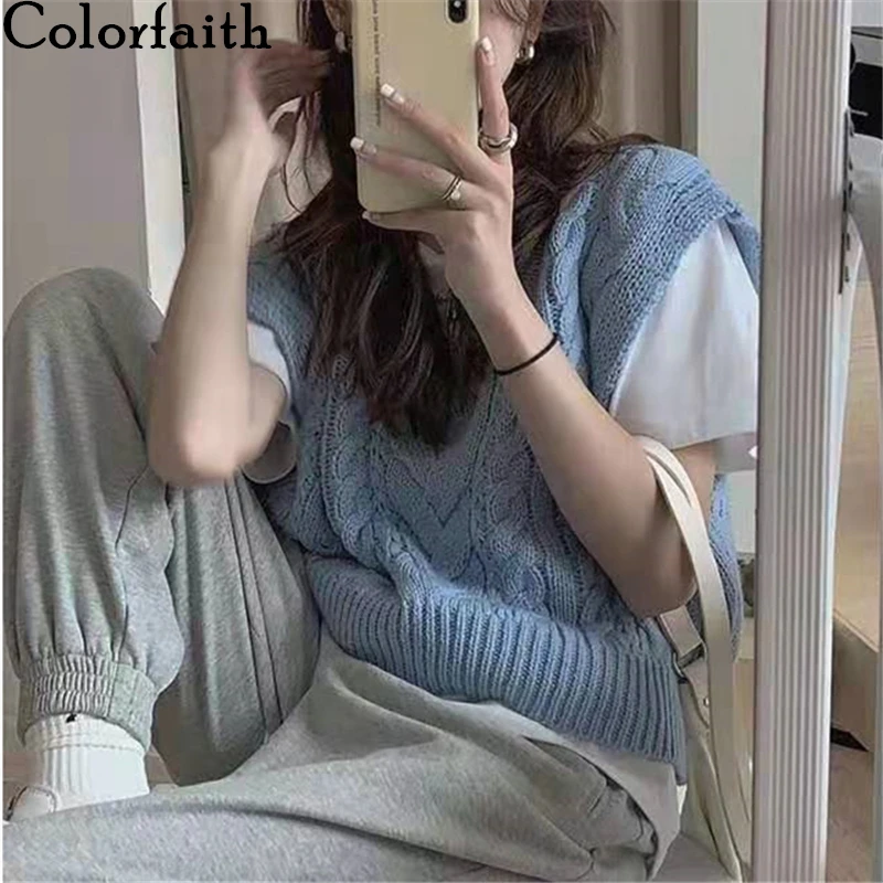 

Colorfaith 2021 New Spring Autumn Women Sweater V-Neck Pullover Sleeveless Waistcoat Elegant Wild Lady Short Vests SWV1266JX