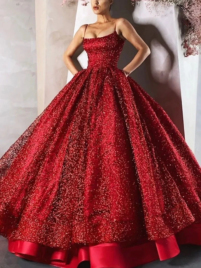 

Red Quinceanera Dress 2021 Strap Sleeveless Floor Length Satin Sequin Prom Party Princess Sweet 16 Ball Gown Vestidos De 15 Años
