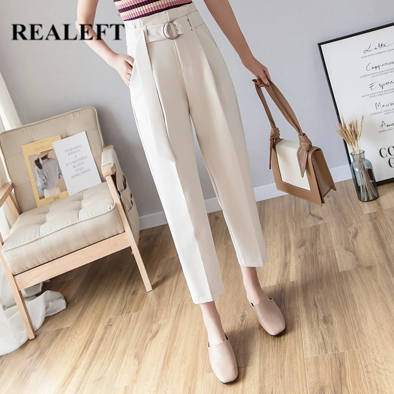REALEFT 2020 New Spring Korean Casual Women Pant with Belt Female Work Wear Pants High Waist Trousers Office Lady | Женская одежда