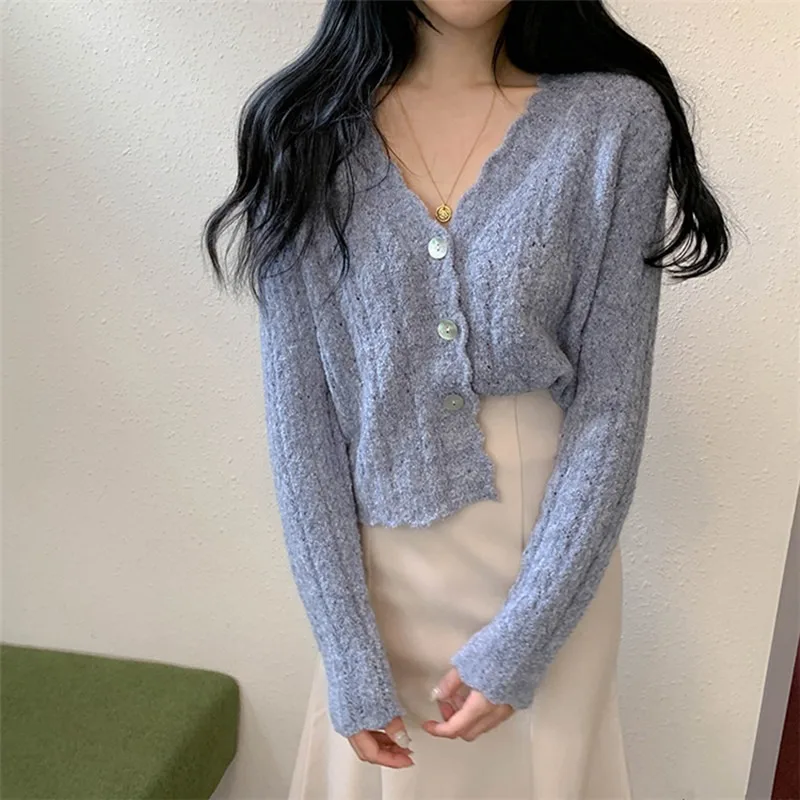 

Chic Fashion Gentle Sweet Petal V-Neck Hollowed Short Knitted Sweater 2020 Women Versatile Slim Cardigan Coat Blue Short Clothes